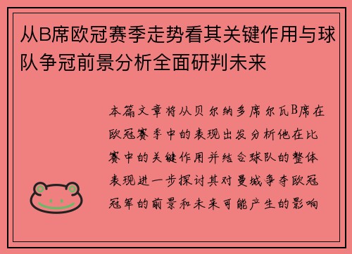 从B席欧冠赛季走势看其关键作用与球队争冠前景分析全面研判未来